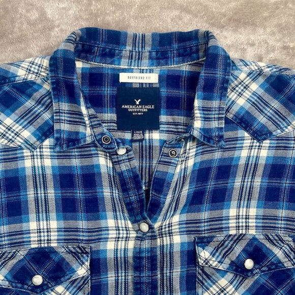 American Eagle Womens Blue Plaid Boyfriend Fit Snap Button Shirt Size L - Picture 1 of 15